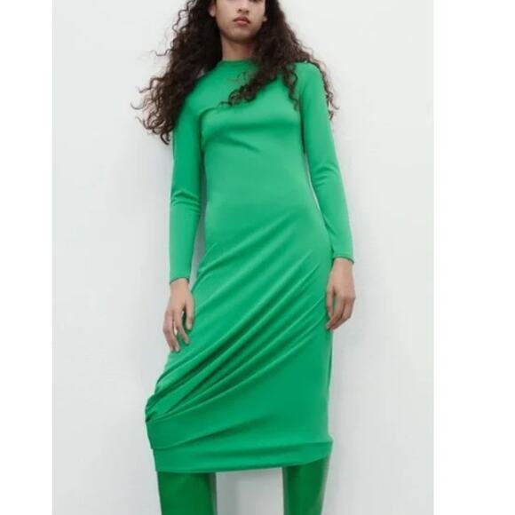 NWT ZARA Women's Green Long Sleeve Flowy Draped Dress Size L - Picture 1 of 10